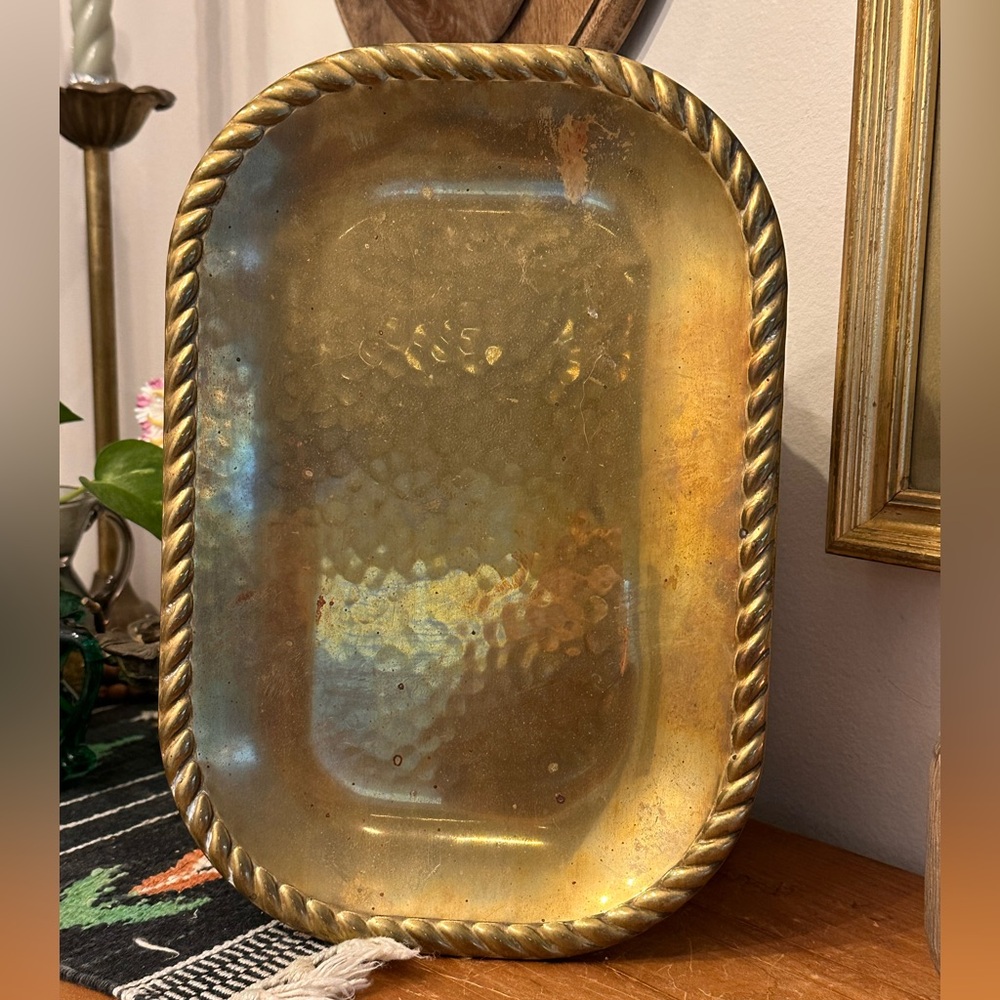 Vintage Hammered Brass Decorative Tray with Rope Edge Detail